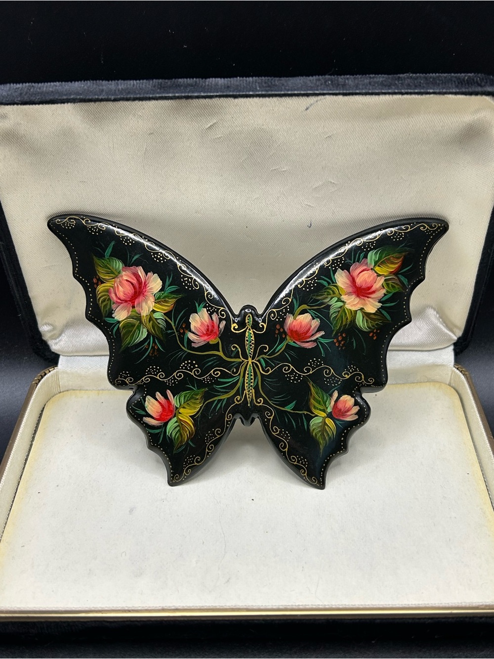 Vintage Russian Lacquer Butterfly Hair Barrette 5” Hand painted Floral, Signed.